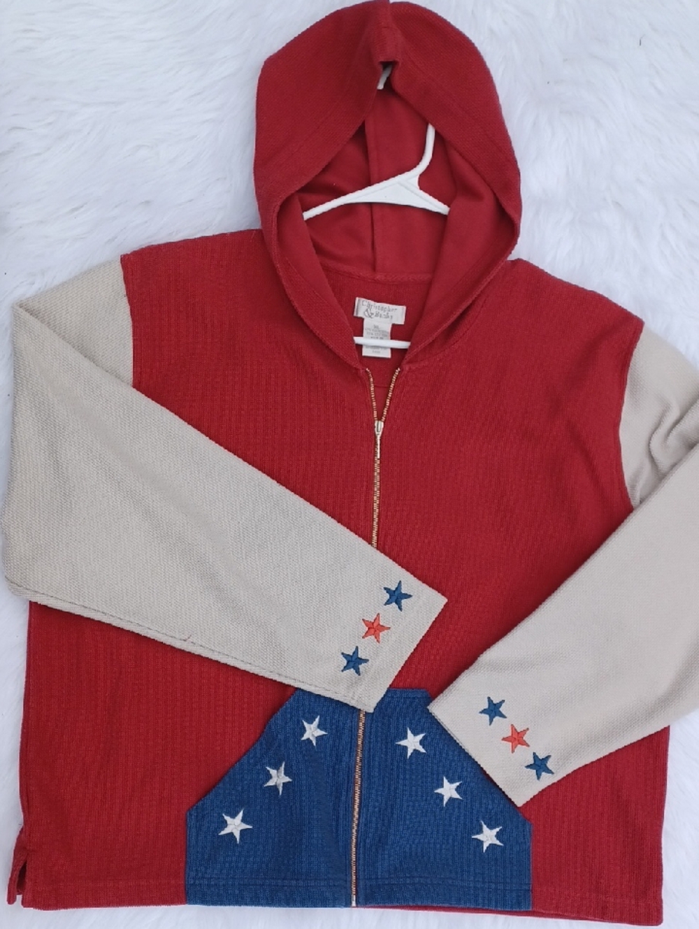 Christopher & Banks Patriotic Full Zip Sweatshirt. Red Tan Blue. Stars.